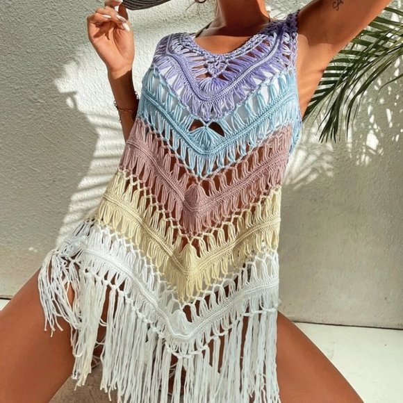 Multi Color Stitched Crochet Fringe Detailed Top Bikini Coverup - Picture 8 of 9